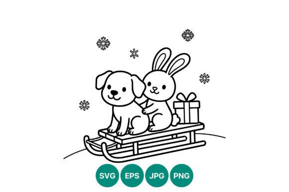 Cute Bunny and Dog Sled Line Art Review