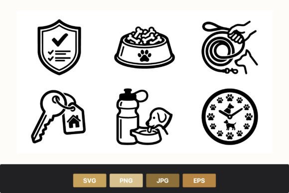 Dog Leash Feeding Bowl Keys Clock Icons