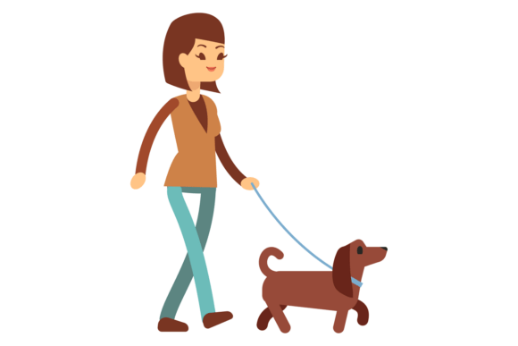 Dog Walking with Woman Cartoon Girl