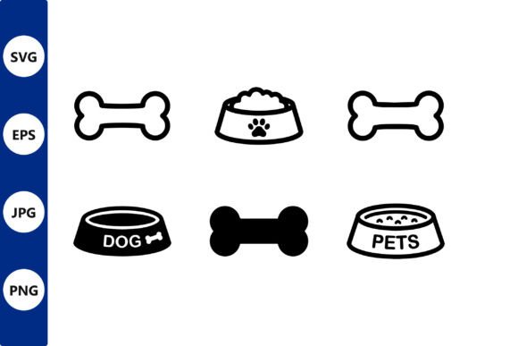 Pet Icon Set Dog Bone Bowls Black and